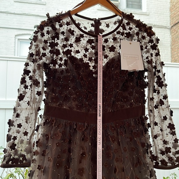 Mac Duggal - Brown Embellished Illusion High Neck Long Sleeve Fit & Flare Dress - Picture 5 of 17